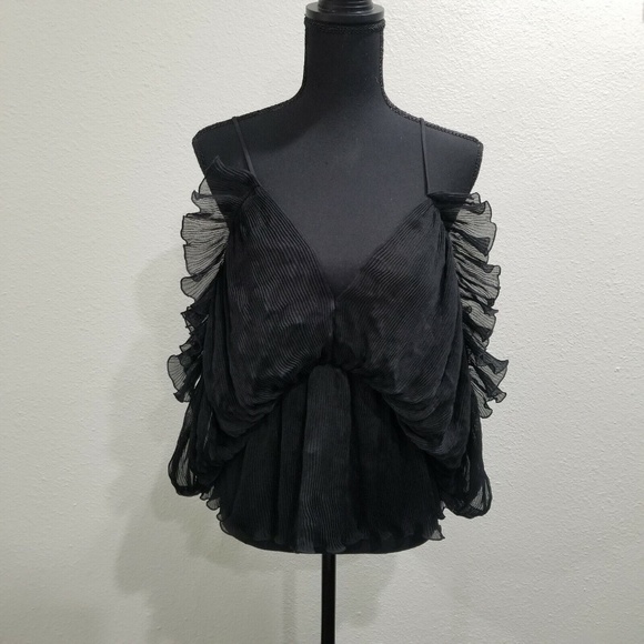 Alice McCall Tops - Alice McCall Black Ruffles Baby Doll Pleated Cold Shoulder Top Blouse 4